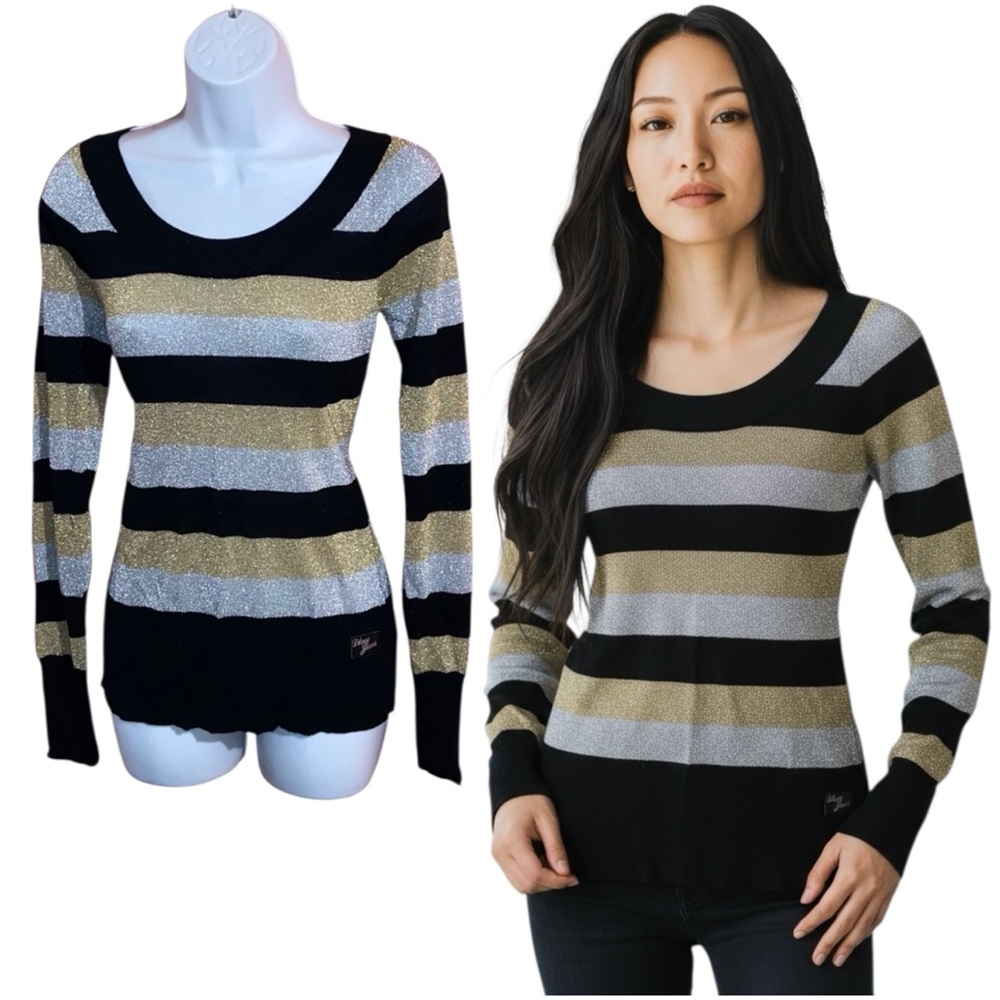 DKNY Jeans Gold Black Silver Sparkle Slit Back Knit Top - Women’s Large
